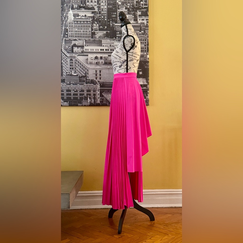 Christopher John Rogers Pleated Asymmetric Skirt Neon Pink Wool Blend - Picture 5 of 15